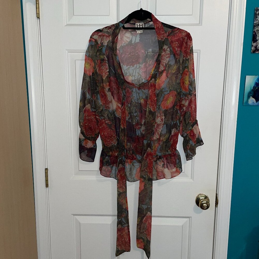 Haute Hippie Floral Sheer Blouse in Red and Green - Picture 6 of 11